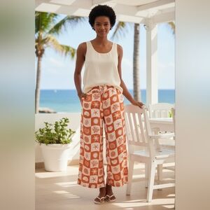 True Destination Printed Silky Crepe Wide Leg PanOrange Patterned Women's Pants